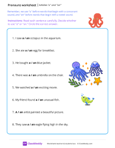 Articles 'a' and 'an' - Octopus | Grammar Worksheet