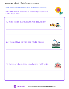 Capitalizing Proper Nouns - Sunflower | Grammar Worksheet