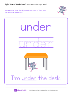 Read & trace the sight word - Under | Reading & Writing Worksheet