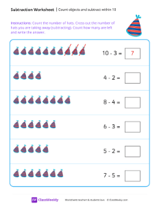 Count objects and subtract within 10 - Hat | Math Worksheet