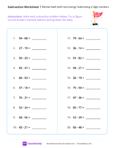 Mental math (with borrowing): Subtracting 2-digit numbers - Flag | Math Worksheet