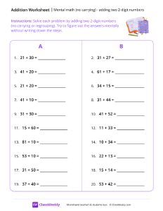 Mental Math: Adding two 2-digit Numbers (no carrying) - Notebooks | Math Worksheet