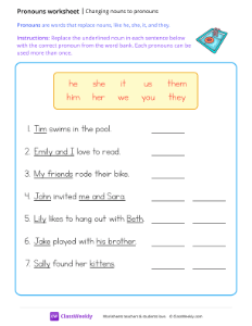 Changing nouns to pronouns - Pool | Grammar Worksheet