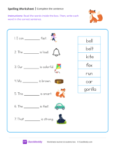 Complete The Sentence - Fox | Reading & Writing Worksheet