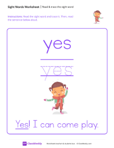 Read & trace the sight word - Yes | Reading & Writing Worksheet