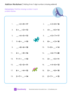 Adding 3 numbers with missing addend - Ocean | Math Worksheet