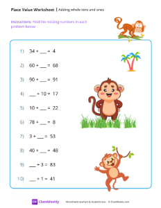 Adding whole tens & ones (missing addends) - Monkey | Math Worksheet