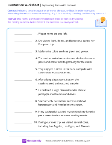 Separating items with commas - Book | Reading & Writing Worksheet