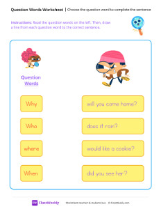 Choose the question word to complete the sentence - Magnifying glass | Reading & Writing Worksheet