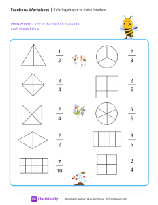 Coloring shapes to make fractions - Bee | Math Worksheet