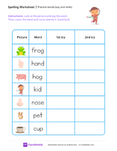 Practice words (say and write) - Happy Sam | Reading & Writing Worksheet