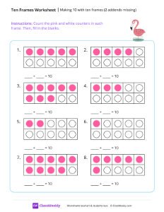 Making 10 with ten frames (2 addends missing) - Flamingo | Math Worksheet