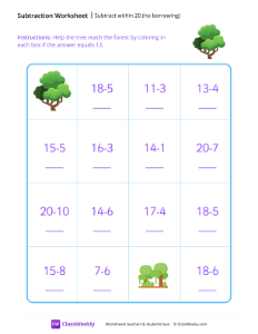 Subtract within 20 (no borrowing) - Tree | Math Worksheet