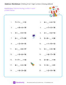 Adding 3 numbers with missing addend - Space | Math Worksheet