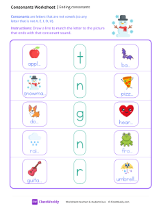 Ending Consonants - Snowman | Reading & Writing Worksheet