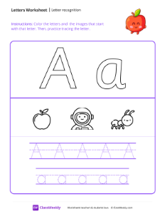 Letter Recognition (A) - Apple | Reading & Writing Worksheet