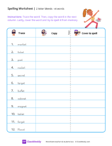 2 letter blends - et words | Reading & Writing Worksheet