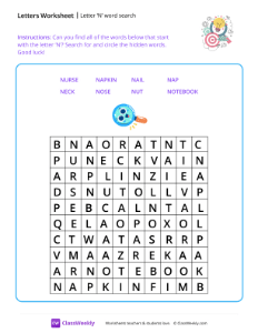 Letter N word search - Bullseye | Reading & Writing Worksheet