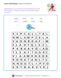 Letter L word search - Great Find | Reading & Writing Worksheet