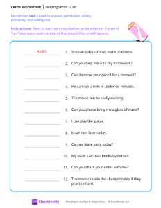 Helping verbs - Can | Grammar Worksheet