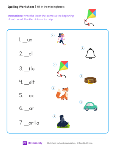 Fill in the missing letters - Kite | Reading & Writing Worksheet