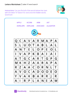 Letter A word search - Magnifying Glass | Reading & Writing Worksheet