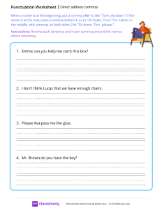 Direct address commas - Seat | Reading & Writing Worksheet