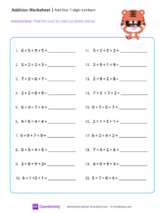 Adding 4 numbers - Silly | Math Worksheet