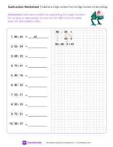 Subtract a 2-digit number from a 2-digit number (no borrowing) - Machine | Math Worksheet