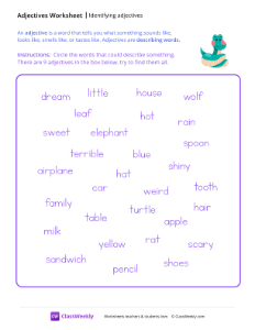 Identify Adjectives - Snake | Grammar Worksheet