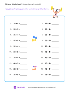 Division by 4 or 5 (up to 50) - Lift | Math Worksheet