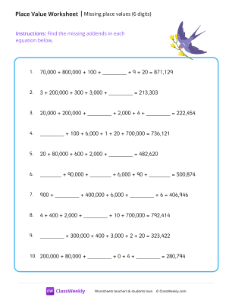 Missing place values (6 digits) - Bird | Math Worksheet