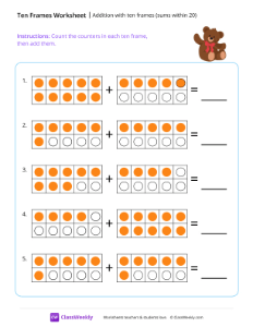 Addition with ten frames (sums within 20) - Teddy | Math Worksheet