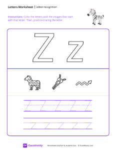 Letter Recognition (Z) - Zebra | Reading & Writing Worksheet