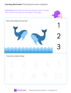 Counting and number recognition (2) - Whales | Math Worksheet