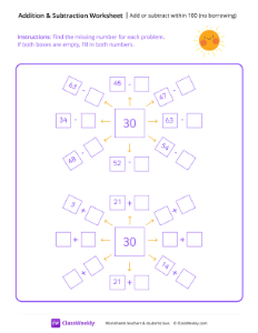 Add or subtract within 100 (no borrowing) - Sun | Math Worksheet