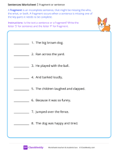 Fragment or sentence - Puppy | Reading & Writing Worksheet