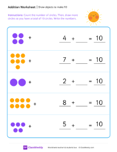 Draw objects to make 10 - Sun | Math Worksheet