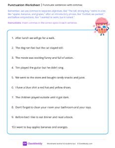 Punctuate sentences with commas - Popcorn | Reading & Writing Worksheet