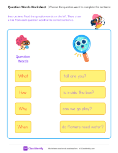 Choose the question word to complete the sentence - Young Detective | Reading & Writing Worksheet