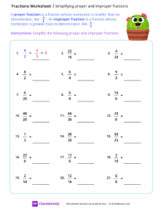 Simplifying proper and improper fractions - Cactus | Math Worksheet