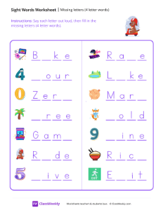 Missing letters (4 letter words) - Riding Pup | Reading & Writing Worksheet