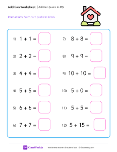 Addition (sums to 20) - House | Math Worksheet