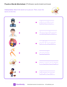 Profession words (match and trace) - Chef | Reading & Writing Worksheet