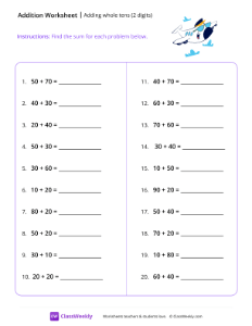 Adding whole tens (2 digits) - Plane | Math Worksheet