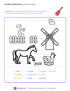 Color by Number (Farm) - Violin | Math Worksheet