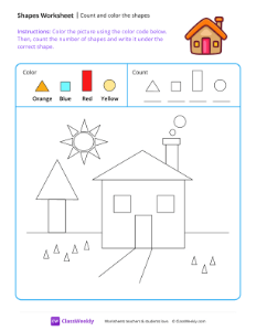 Count and color the shapes - House | Math Worksheet