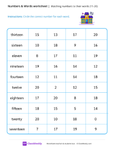 Numbers & Words (11-20) - School | Math Worksheet