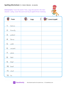 2 letter blends - ie words | Reading & Writing Worksheet