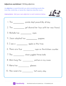 Writing Adjectives - Panda | Grammar Worksheet